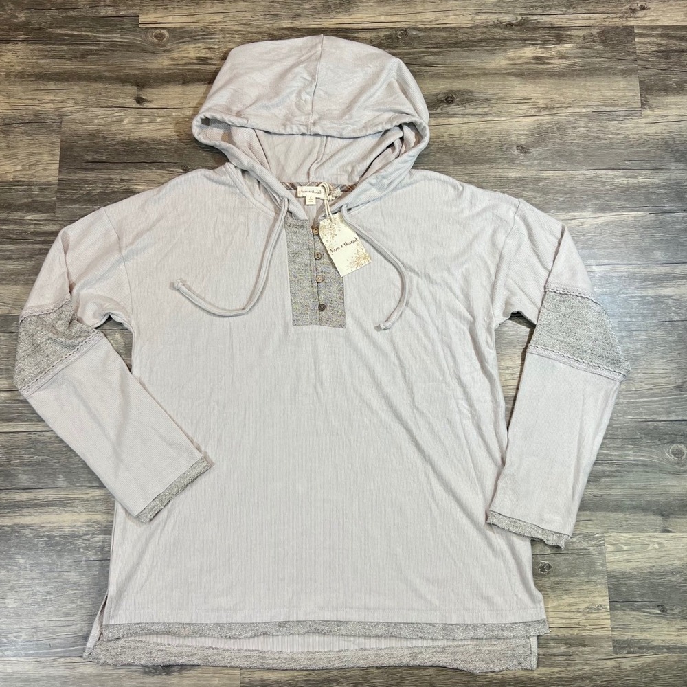Hem & Thread Soft Boho Hooded Henley‎ Pullover Neutral Cottagecore Lounge Too